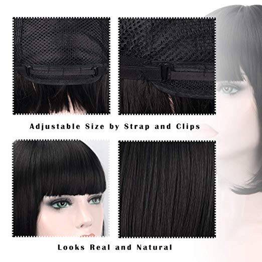 BARSDAR 11" Black Short Straight Bob Wigs with Flat Bangs Hair Christmas Party Costume Thanks Giving Day Daily Use
